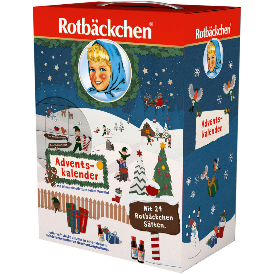 Rotbäckchen Adventskalender 2025 mit 24 Saft-Minis – liebevoll gestaltete Verpackung mit winterlichem Wimmelmotiv und Geschenkschachteln