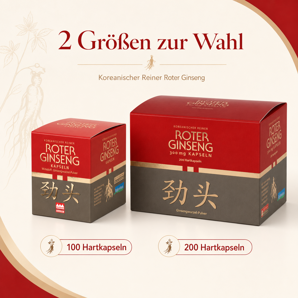 Roter Ginseng Kapseln in zwei Größen zur Wahl: 100 Hartkapseln und 200 Hartkapseln