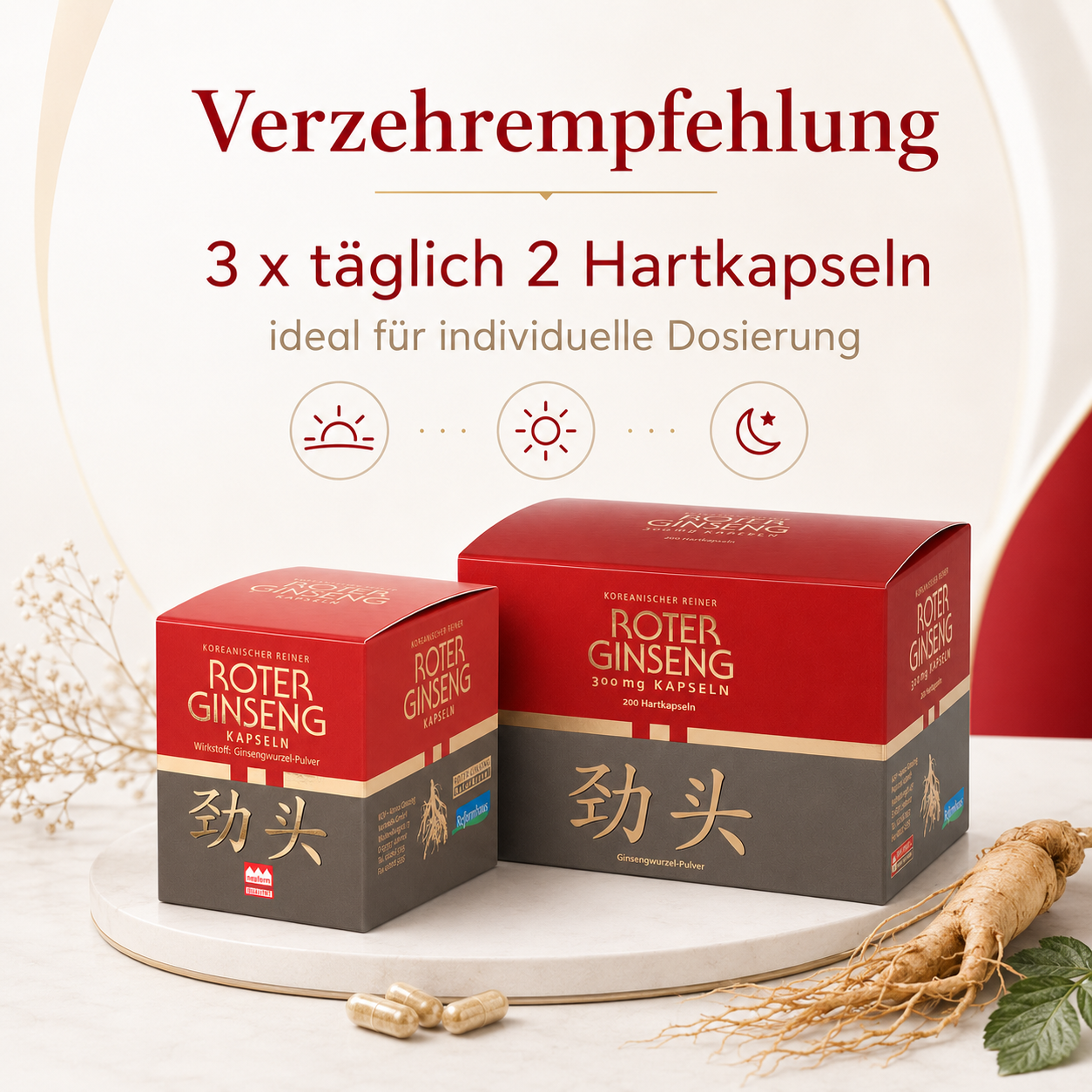 Verzehrempfehlung für Roter Ginseng Kapseln: 3 x täglich 2 Hartkapseln zur individuellen Dosierung