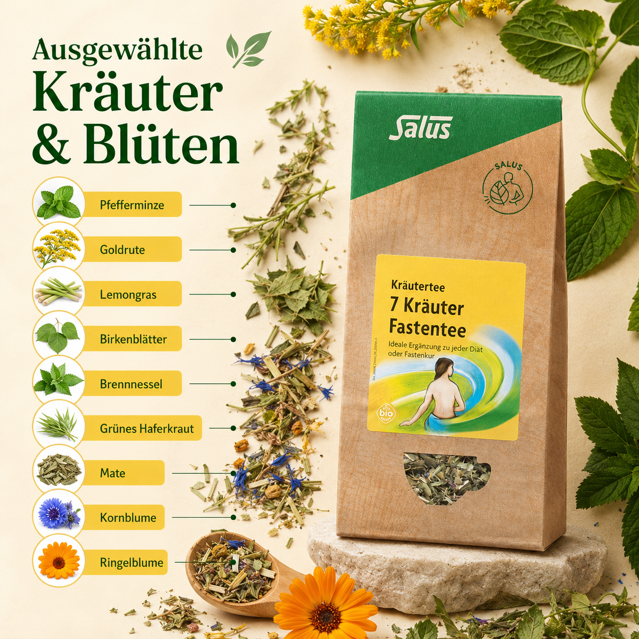 Kräutermischung des Salus Fastentees mit Pfefferminze, Goldrute, Lemongras, Mate und Blüten