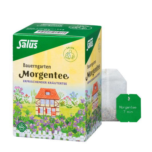 Salus Bauerngarten Morgentee Bio Kräutertee, Verpackung mit offenem Teebeutel, 15 Filterbeutel