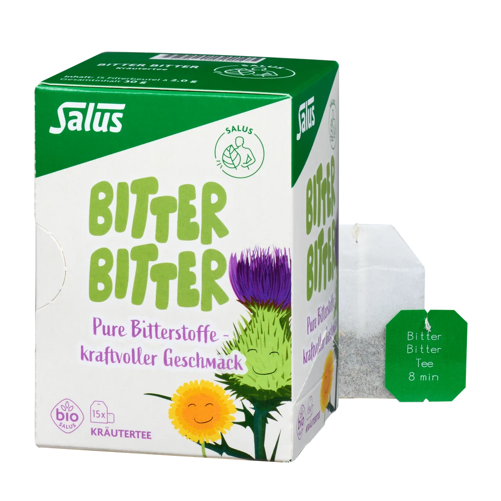 Salus Bitter Bitter Tee bio Packung mit losem Teebeutel daneben