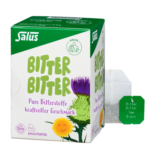 Salus Bitter Bitter Tee bio Packung mit losem Teebeutel daneben