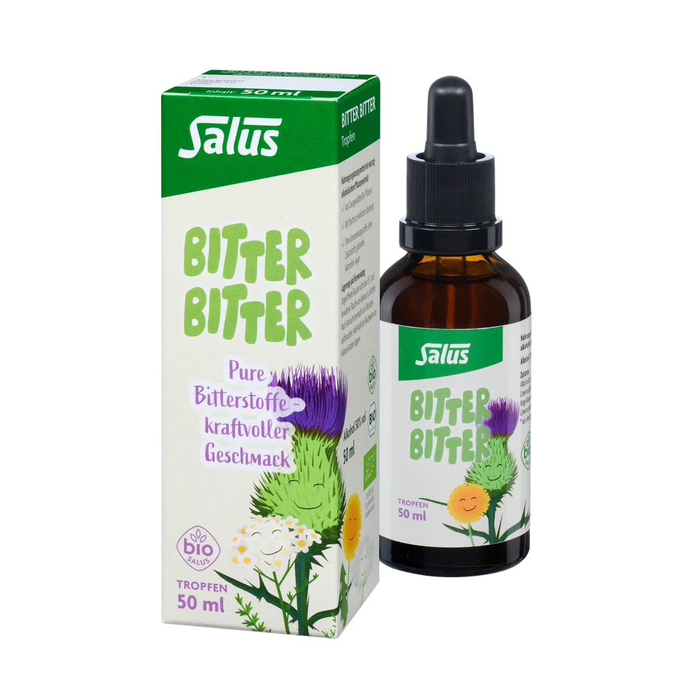 Bitter Bitter Tropfen bio 50 ml – Flasche und Verpackung zusammen