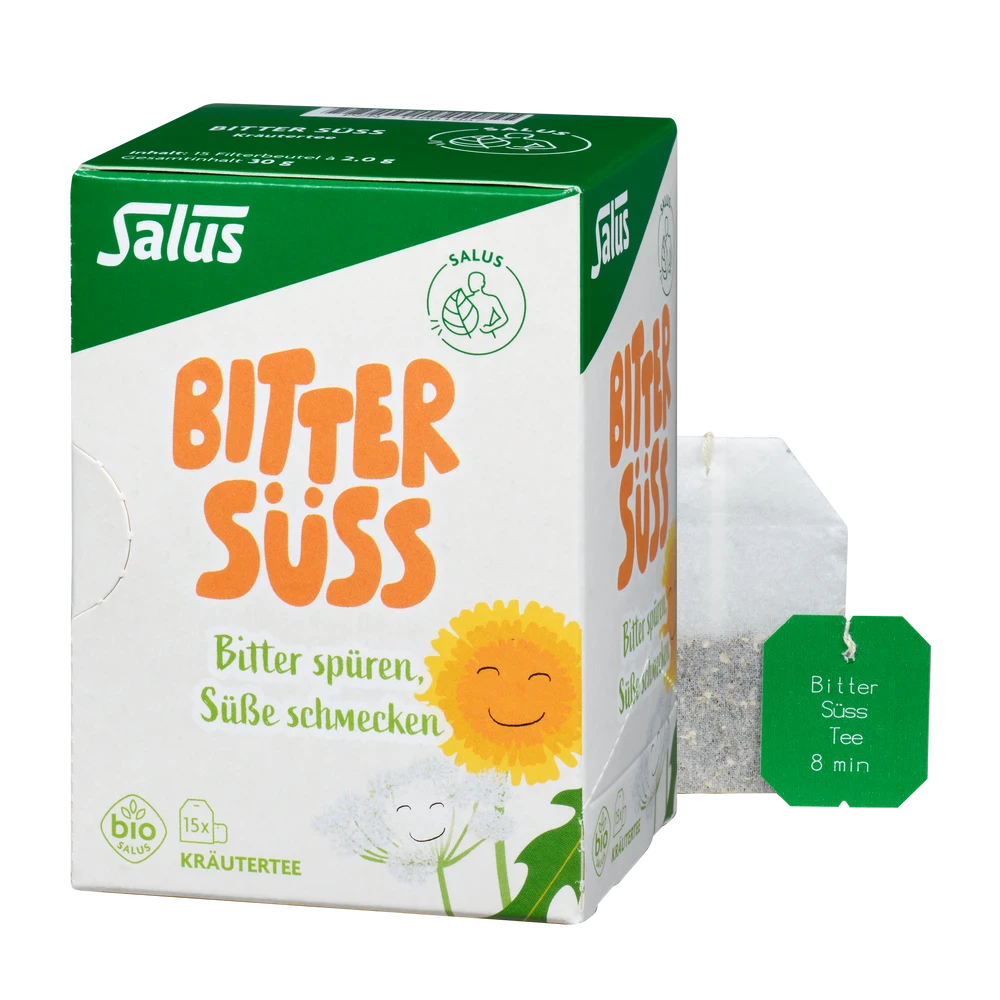 Salus Bitter Süss Tee bio Packung mit losem Teebeutel daneben