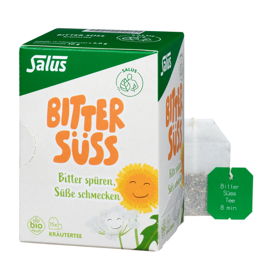 Salus Bitter Süss Tee bio Packung mit losem Teebeutel daneben
