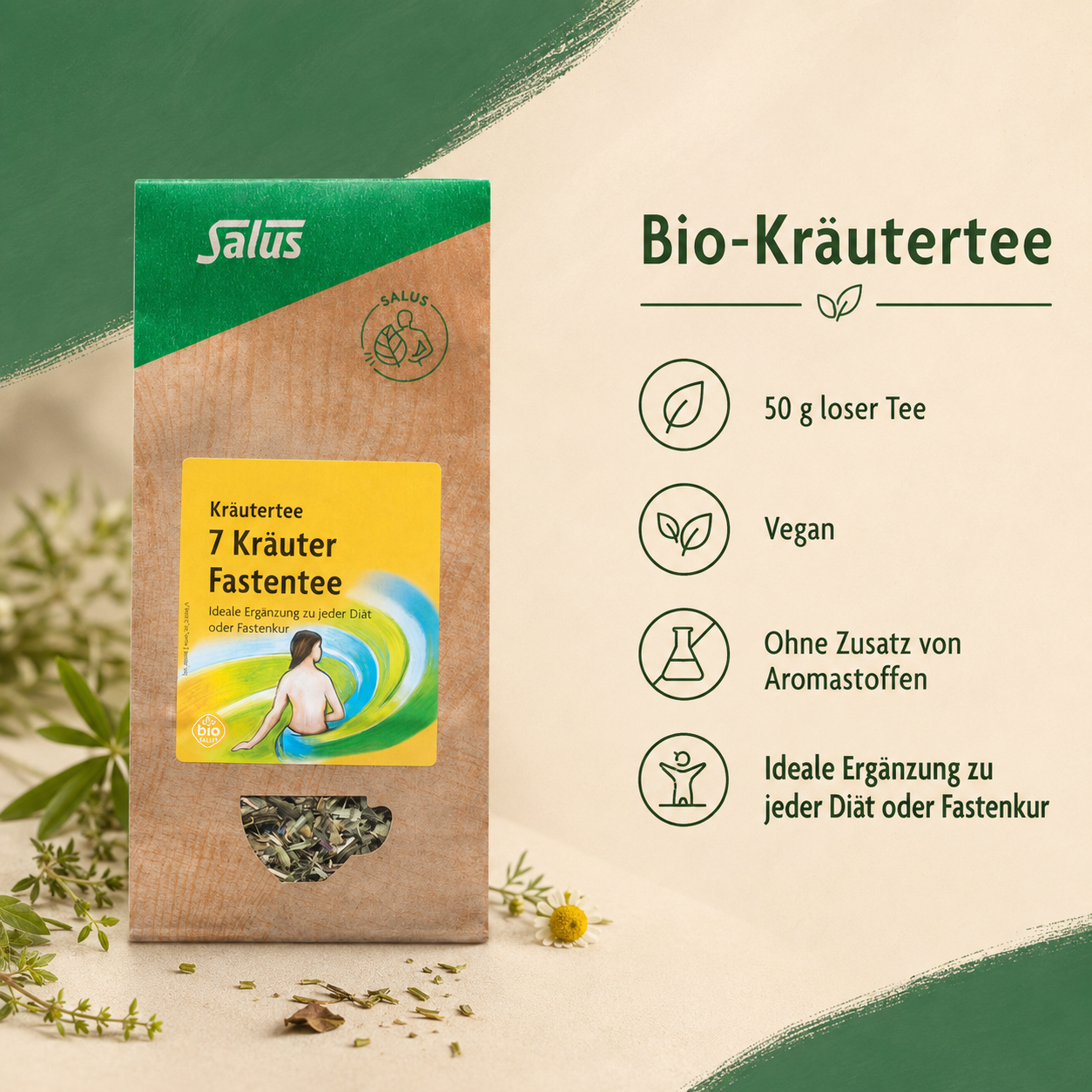 Salus 7 Kräuter Fastentee bio mit 50 g losem Tee, vegan und ohne Zusatz von Aromastoffen