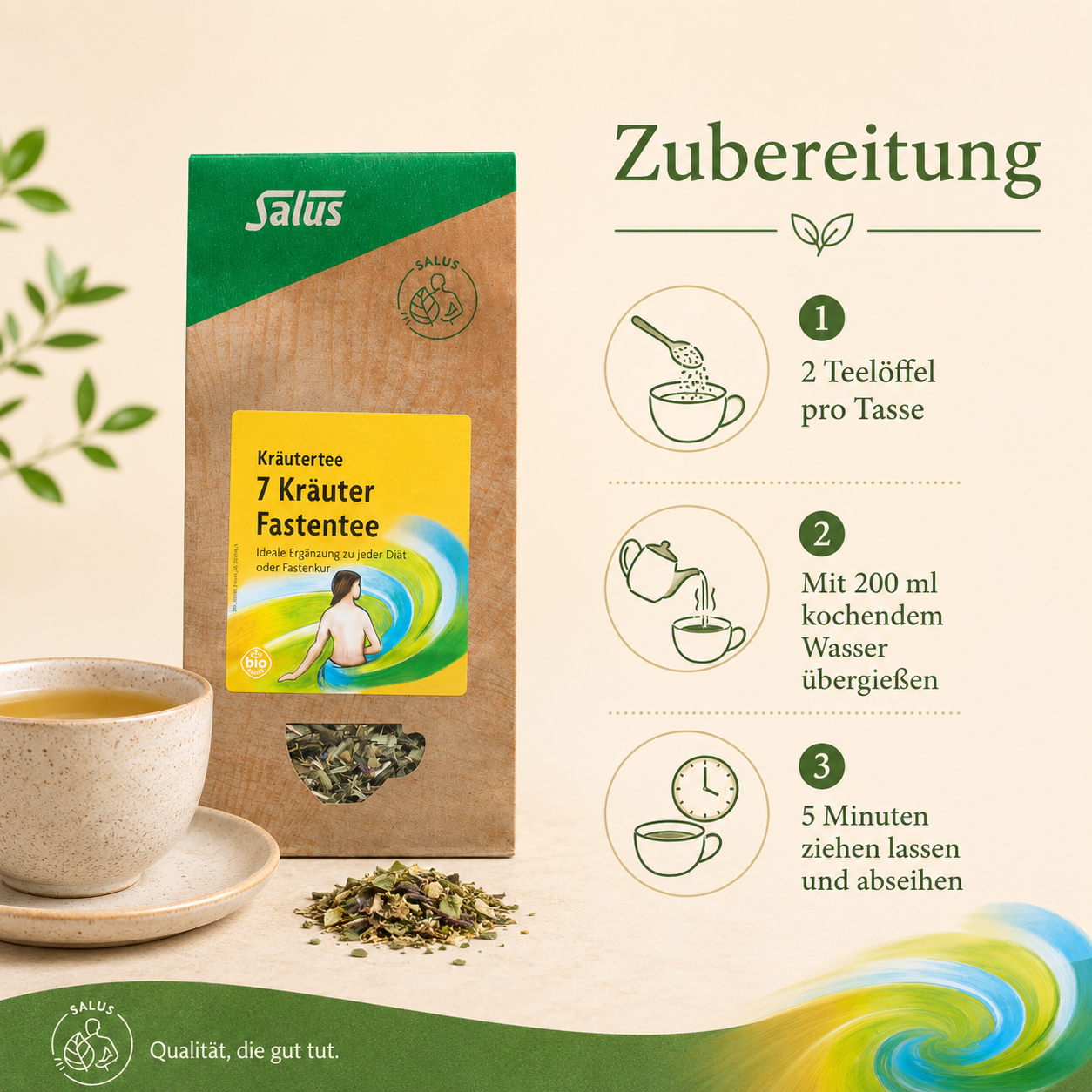Zubereitung des Salus 7 Kräuter Fastentees mit zwei Teelöffeln, 200 ml Wasser und fünf Minuten Ziehzeit
