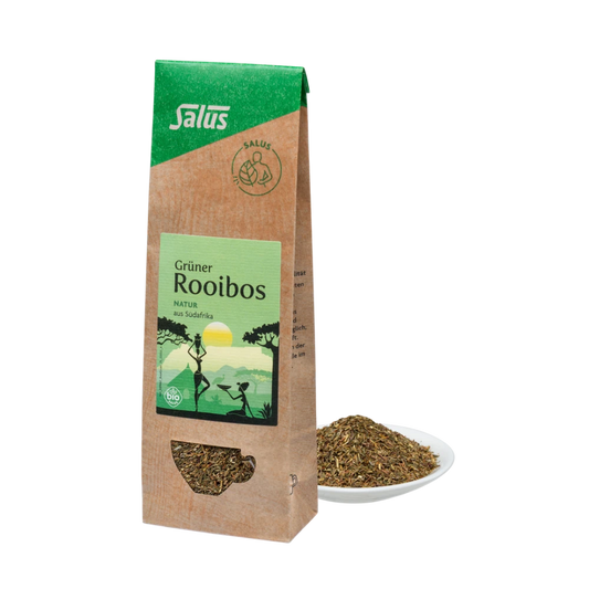 Salus Grüner Rooibos Natur Bio loser Tee 75g mit Teeblättern auf Teller