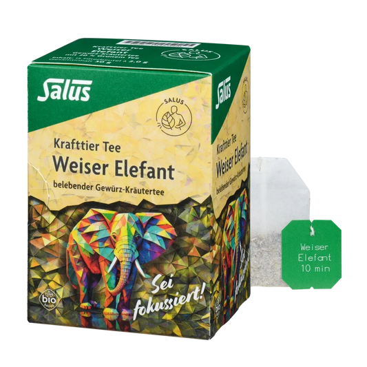 Salus Krafttier Tee Weiser Elefant Bio – Packung und einzelner Teebeutel, belebender Bio-Gewürz-Kräutertee mit Tulsi und grünem Tee