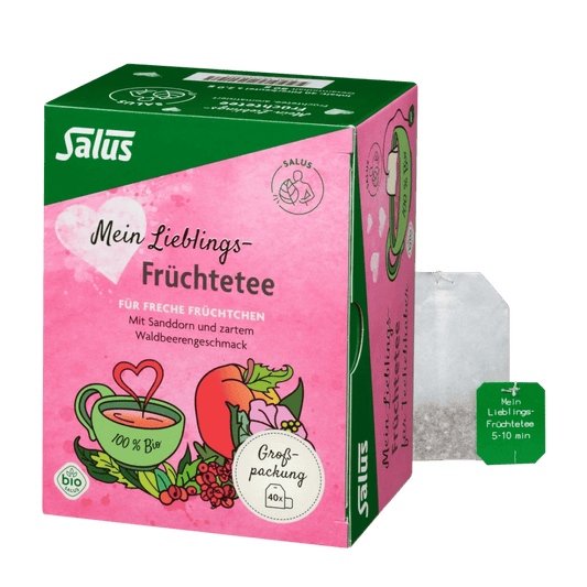 Salus Mein Lieblings-Früchtetee Bio Verpackung mit Teebeutel