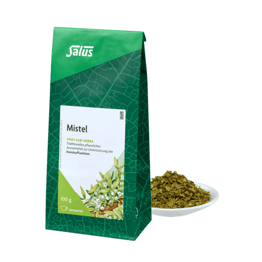 Salus® Mistel Arzneitee 100 g – Produktbeutel mit losem Mistelkraut in weißer Schale, vegan und glutenfrei