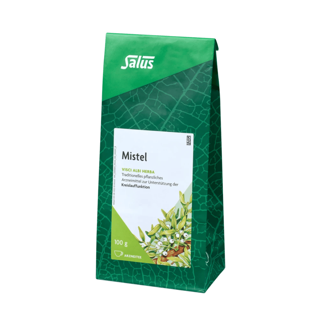 Salus® Mistel Arzneitee 100 g – lose geschnittenes Mistelkraut im grünen Blockbodenbeutel, traditionelles pflanzliches Arzneimittel zur Unterstützung der Kreislauffunktion