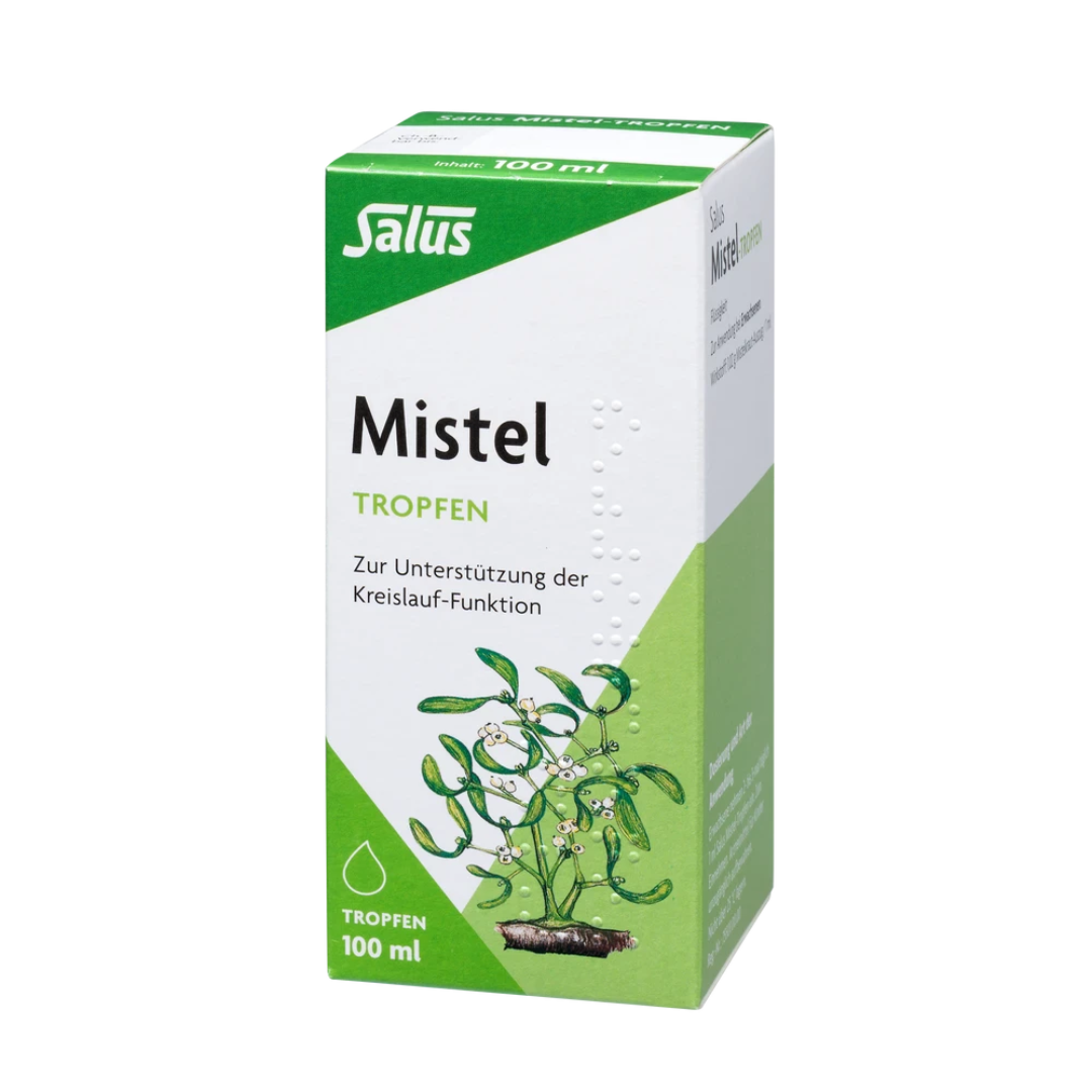 Salus Mistel-Tropfen bio 100 ml – pflanzliches Arzneimittel zur Unterstützung der Kreislauf-Funktion, Vorderansicht Verpackung