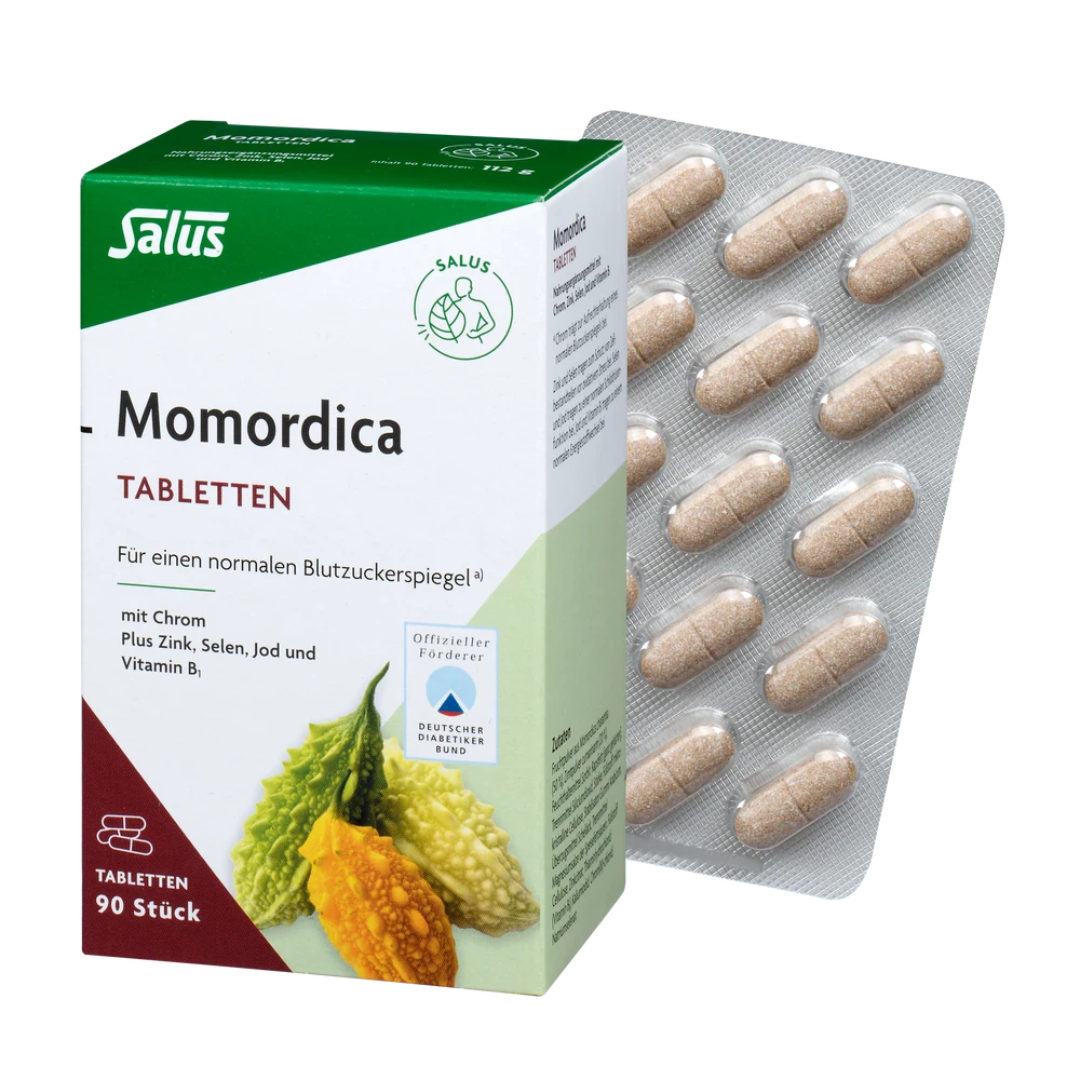 Salus Momordica Tabletten 90 Stück mit Bittermelone und Ceylon-Zimt – Packung und Blister