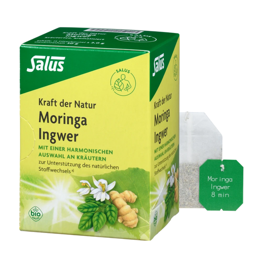 Salus Kraft der Natur Moringa Ingwer Tee Bio – 15 Filterbeutel, Verpackung mit einzeln entnommenem Teebeutel