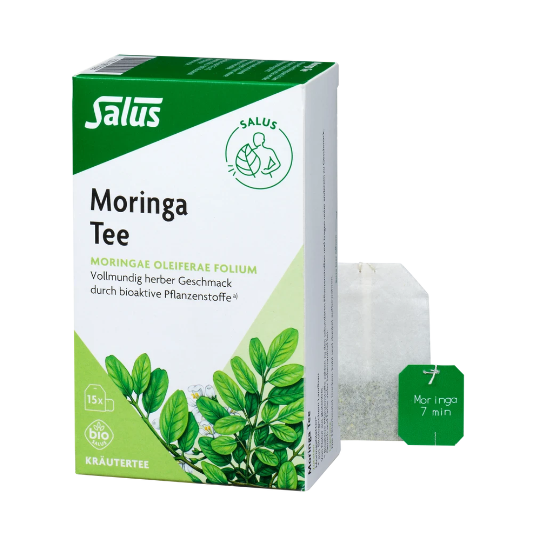 Salus Moringa Tee bio – Packung mit 15 Filterbeuteln und einzelner Teebeutel mit Ziehzeit