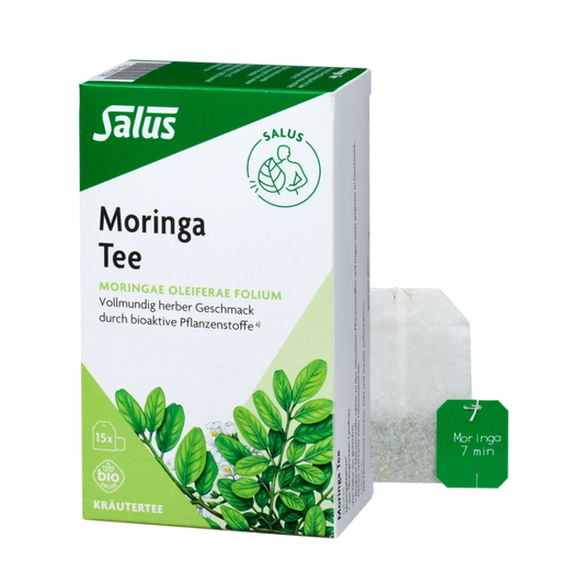 Salus Moringa Tee bio – Packung mit 15 Filterbeuteln und einzelner Teebeutel mit Ziehzeit
