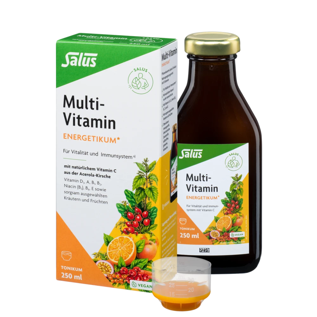 Salus Multi-Vitamin-Energetikum 250 ml – Verpackung, Flasche und Dosierbecher