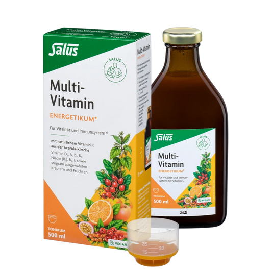 Salus Multi-Vitamin-Energetikum 500 ml – Flasche, Verpackung und Dosierbecher