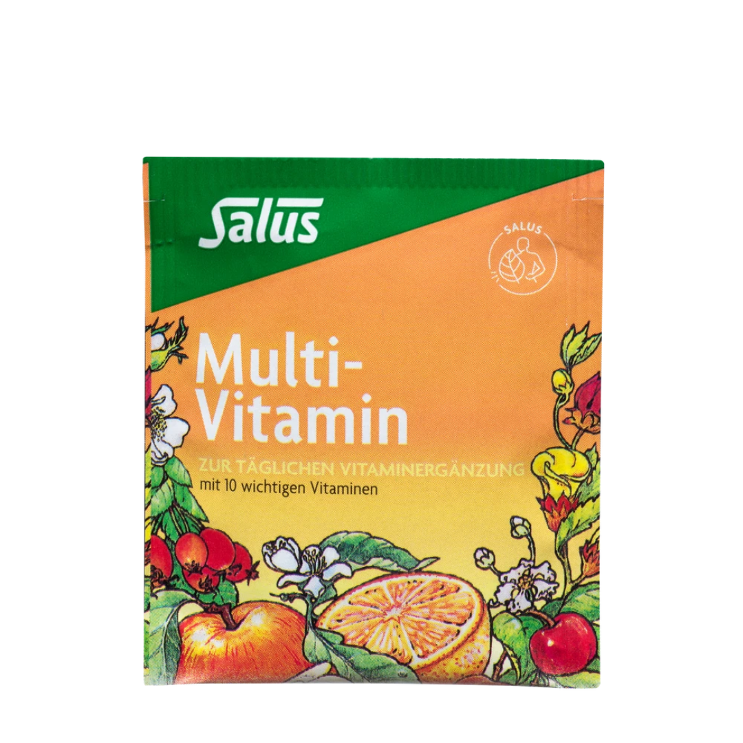 Salus Multi Vitamin Früchtetee im einzeln verpackten Teebeutel mit fruchtigem Design