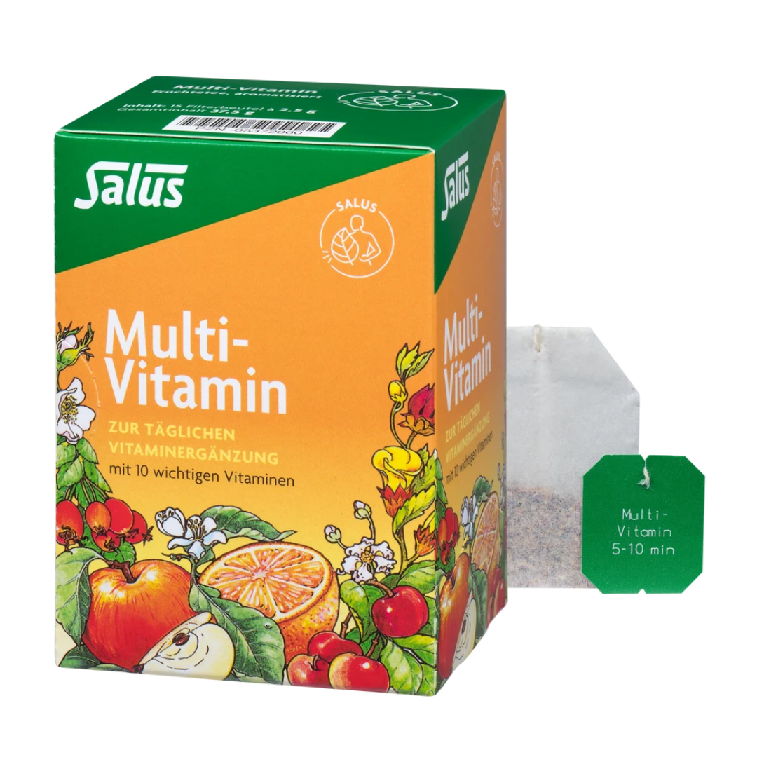 Salus Multi Vitamin Früchtetee – Verpackung mit losem Teebeutel und Zubereitungshinweis