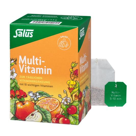 Salus Multi Vitamin Früchtetee – Verpackung mit losem Teebeutel und Zubereitungshinweis