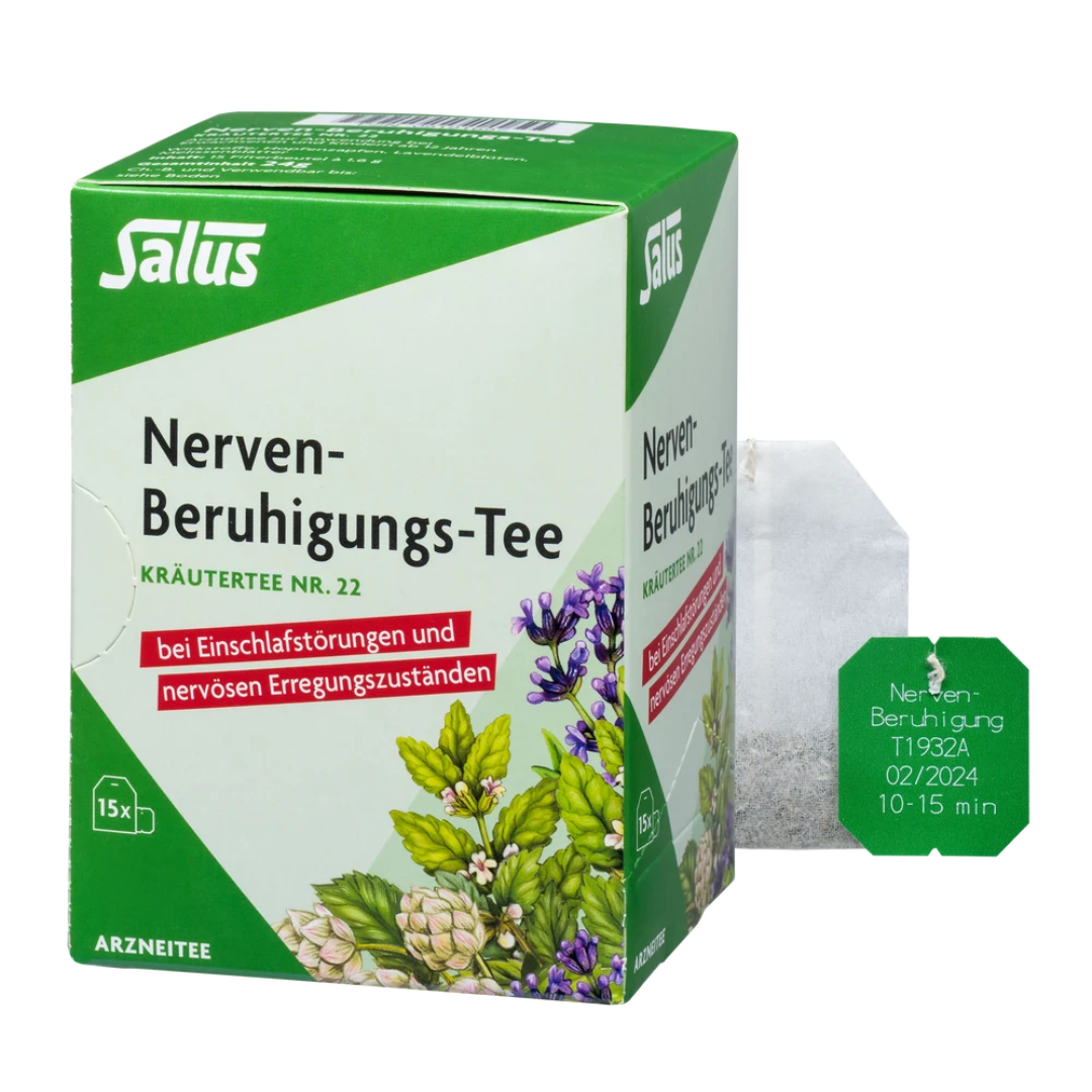 Salus Nerven-Beruhigungs-Tee Nr. 22 bio in 15 Filterbeuteln – Produktverpackung mit Teebeutel