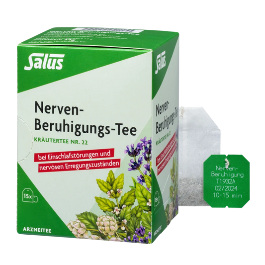 Salus Nerven-Beruhigungs-Tee Nr. 22 bio in 15 Filterbeuteln – Produktverpackung mit Teebeutel