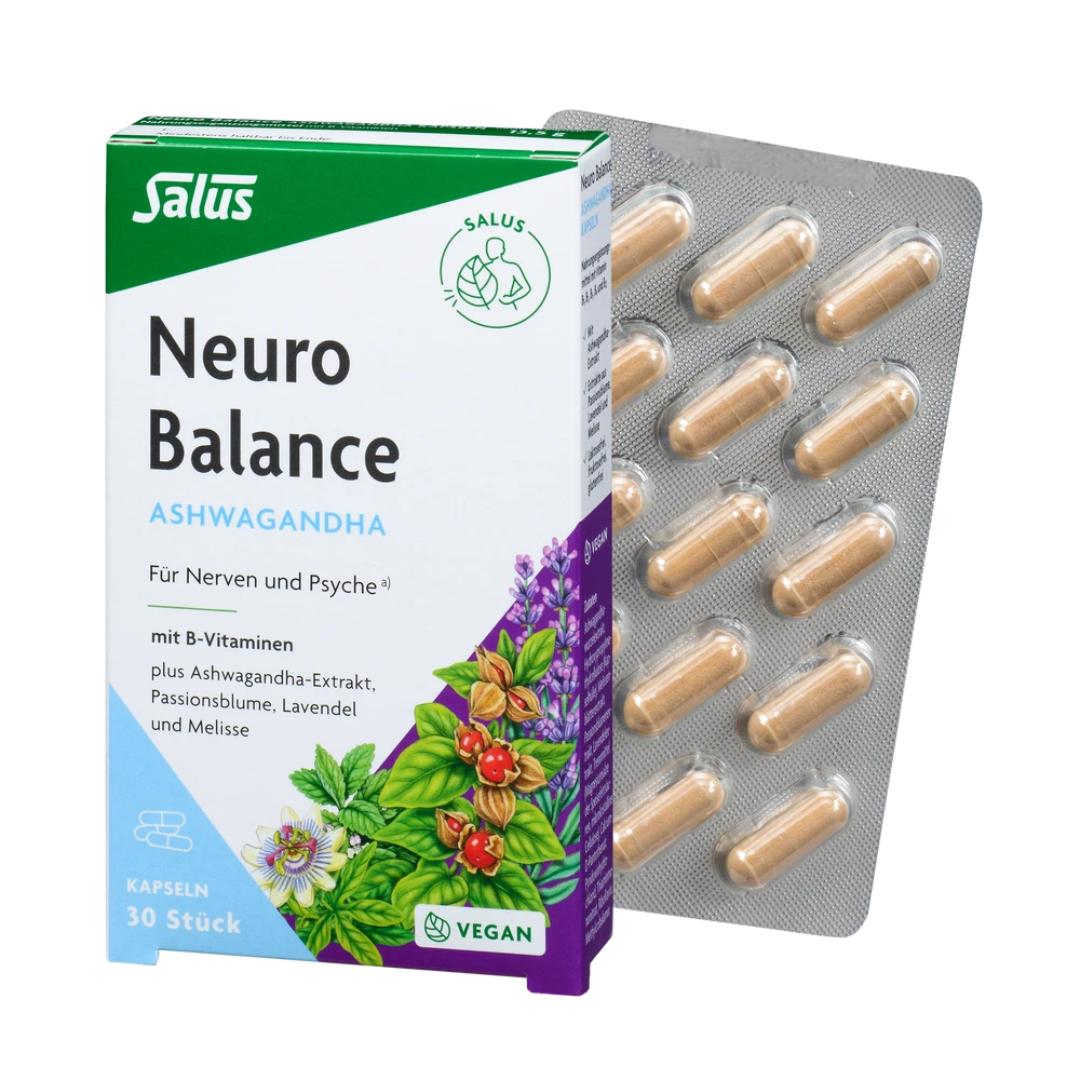 Salus Neuro Balance Ashwagandha Kapseln 30 Stück – Packung mit Blister, Nahrungsergänzung mit Ashwagandha, B-Vitaminen, Passionsblume, Lavendel und Melisse – vegan