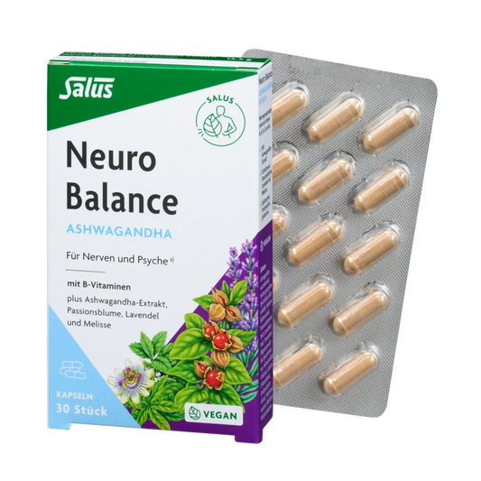 Salus Neuro Balance Ashwagandha Kapseln 30 Stück – Packung mit Blister, Nahrungsergänzung mit Ashwagandha, B-Vitaminen, Passionsblume, Lavendel und Melisse – vegan