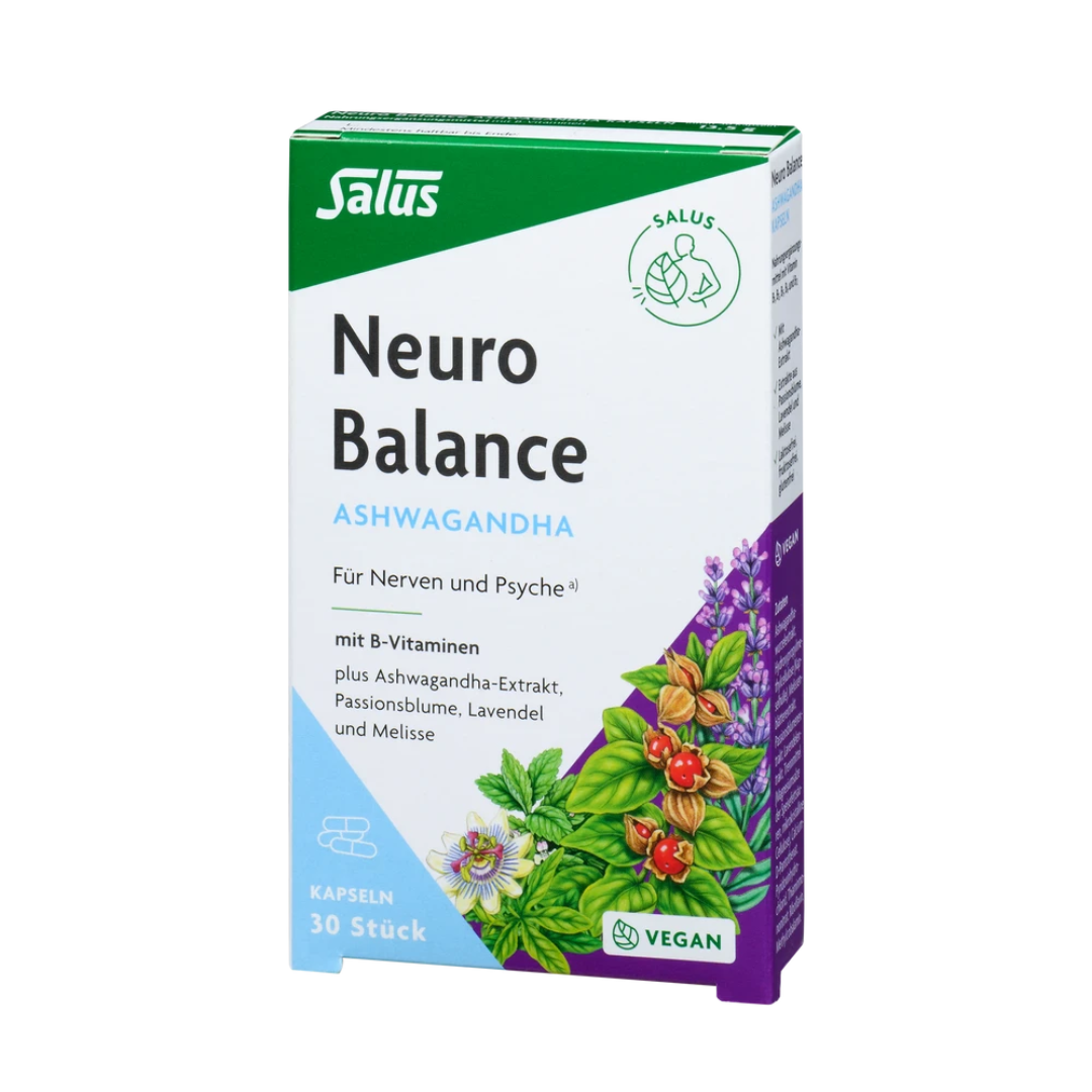Salus Neuro Balance Ashwagandha Kapseln 30 Stück – Nahrungsergänzung für Nerven und Psyche mit B-Vitaminen, Passionsblume, Lavendel und Melisse – vegan