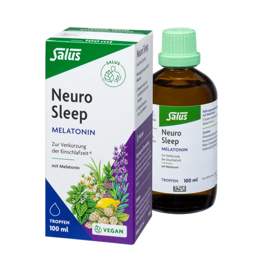 Salus Neuro Sleep Melatonin Tropfen 100 ml – Verpackung und geöffnete Flasche nebeneinander