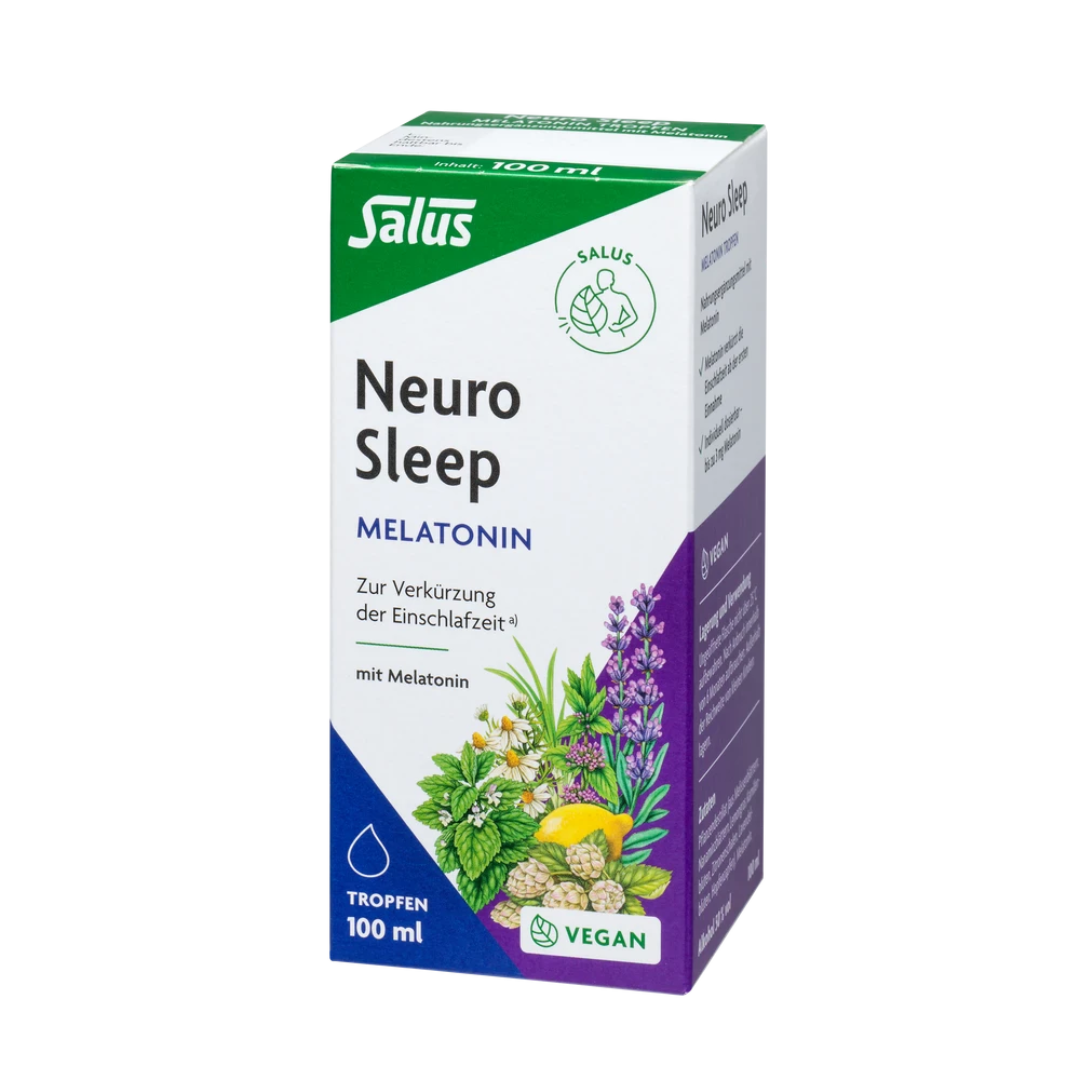 Salus Neuro Sleep Melatonin Tropfen 100 ml – Vorderseite der Verpackung mit Pflanzenabbildung