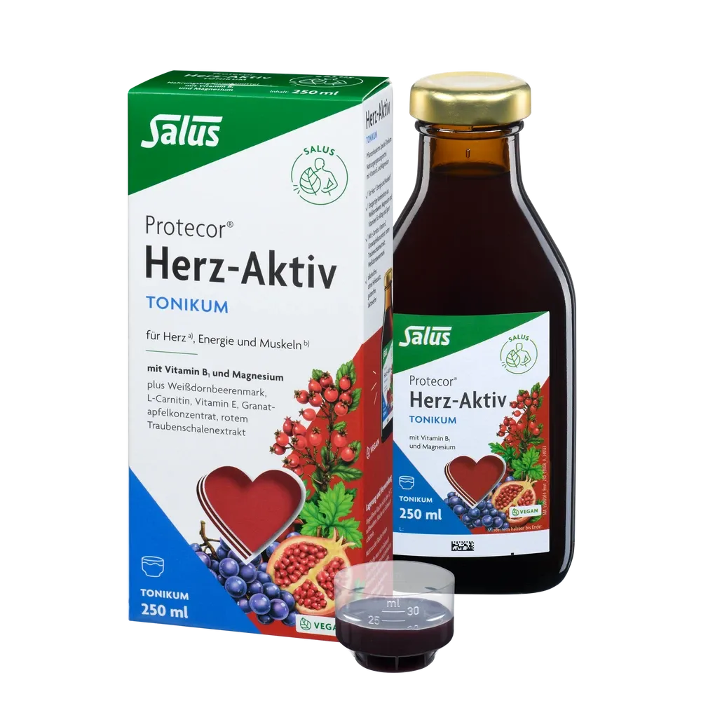 Salus Protecor Herz-Aktiv Tonikum 250 ml – Nahrungsergänzung für Herz, Energie und Muskeln mit Vitamin B1, Magnesium und Weißdornbeerenmark