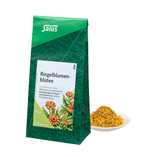 Salus Ringelblumenblüten Tee bio 40 g – grüne Packung mit Illustration und losem Tee auf Teller