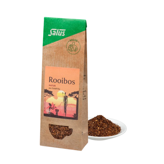 Salus Rooibos Natur Bio Tee 75 g – Packung mit losem Rooibos auf Teller