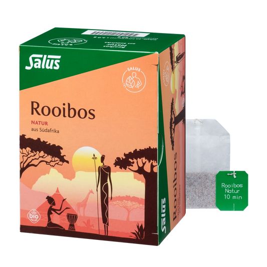 Salus Rooibos Natur Bio Filterbeutel – Packung mit losem Teebeutel daneben