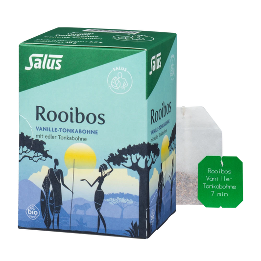 Salus Rooibos Vanille-Tonkabohne Bio Tee – Verpackung mit losem Teebeutel
