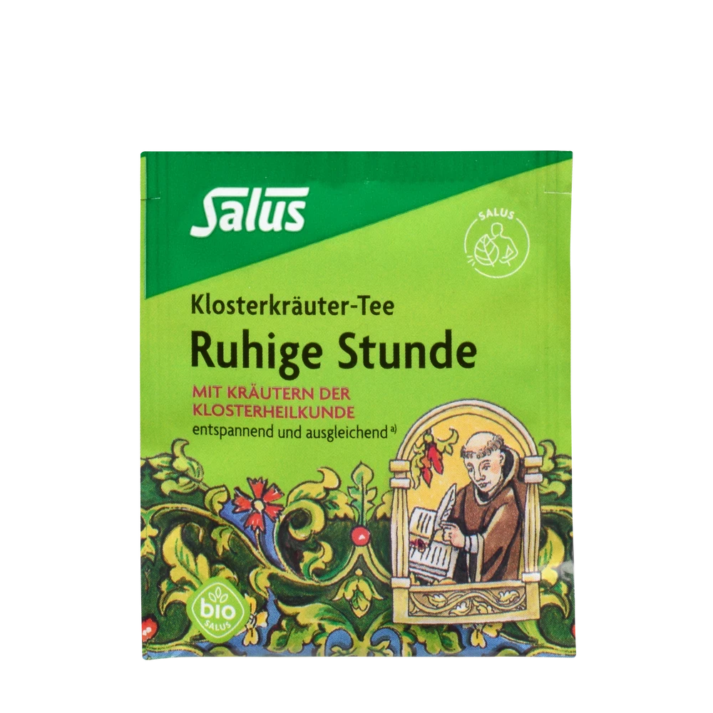 Salus Ruhige Stunde Klosterkräuter-Tee Bio – einzelner Filterbeutel in Aromaschutzverpackung mit Klostermotiv