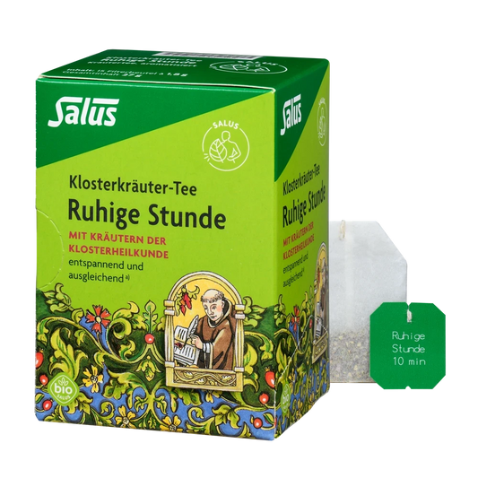 Salus Ruhige Stunde Klosterkräuter-Tee Bio – Packung mit geöffnetem Teebeutel und grünem Anhänger