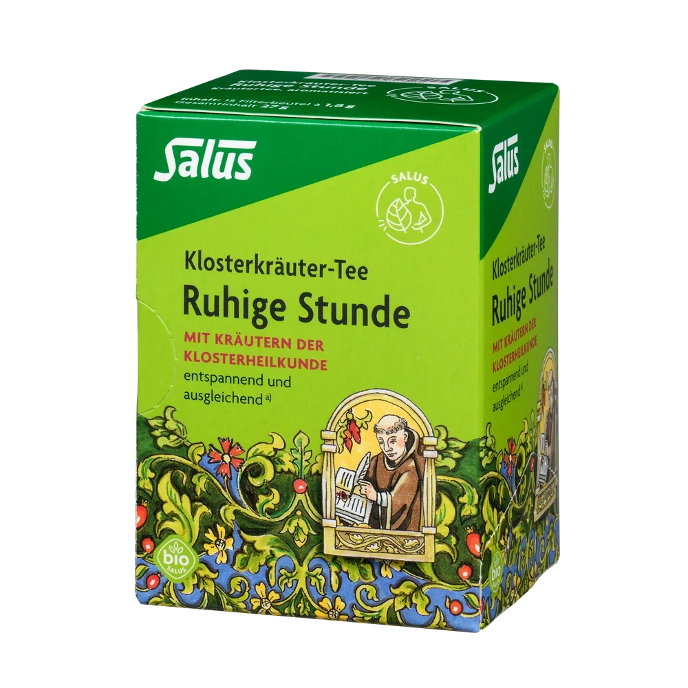 Salus Ruhige Stunde Klosterkräuter-Tee Bio – Vorderansicht der 15-Filterbeutel-Packung mit Klostermotiv
