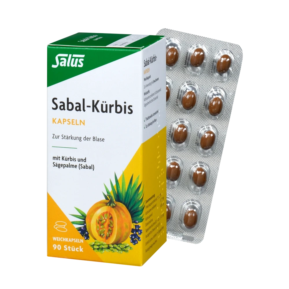 Salus Sabal Kürbis Kapseln 90 Stück – Verpackung mit geöffnetem Blister brauner Weichkapseln