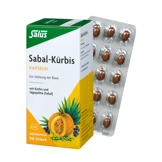 Salus Sabal Kürbis Kapseln 90 Stück – Verpackung mit geöffnetem Blister brauner Weichkapseln