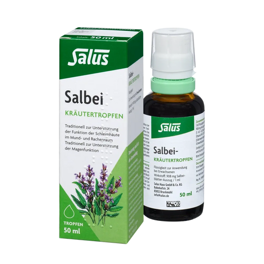 Salus Salbei-Kräutertropfen bio 50 ml – Flasche und Verpackung nebeneinander