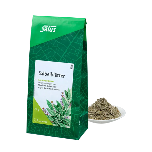 Verpackung Salus® Salbeiblätter Tee 75 g mit losem Bio-Tee auf Teller