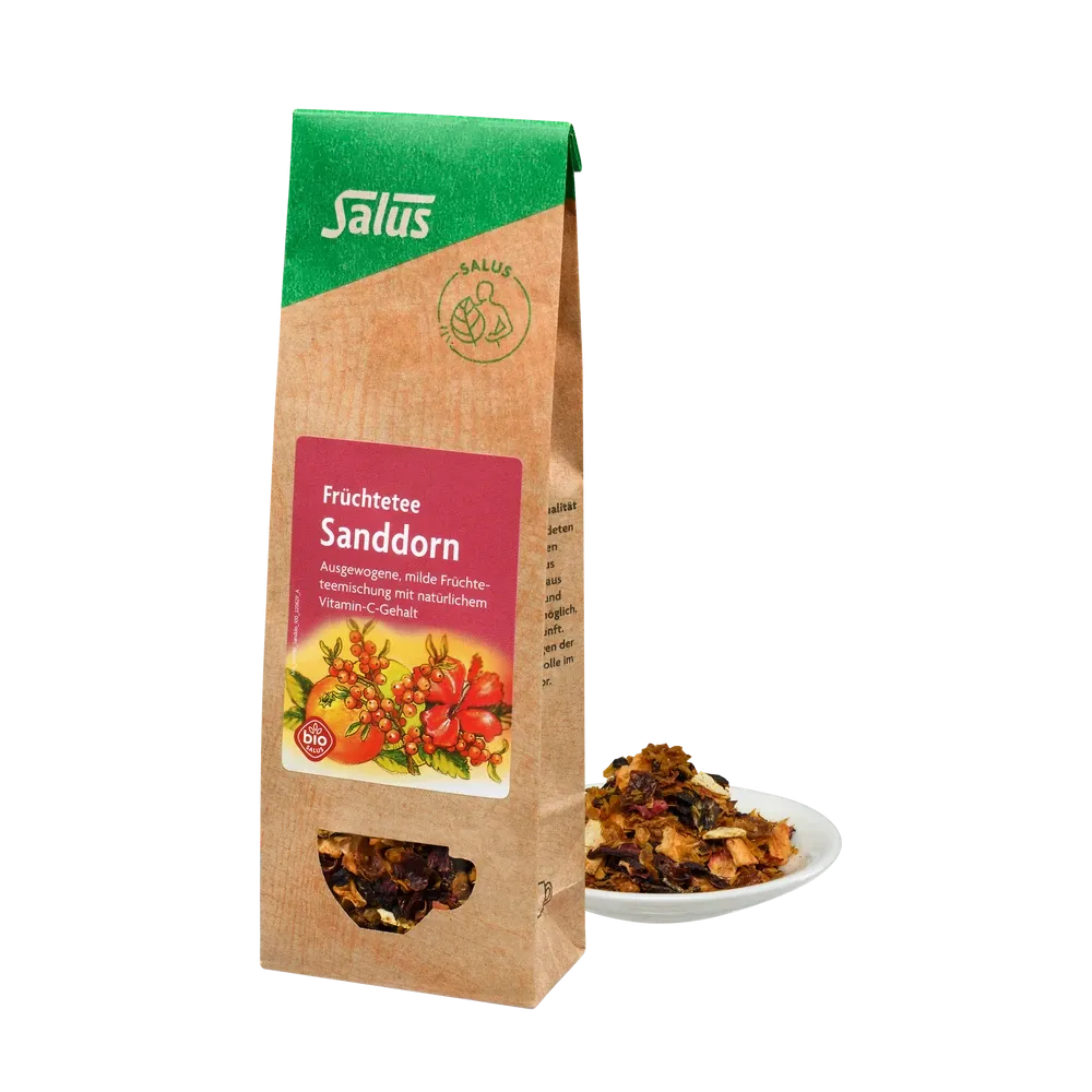 Salus Sanddorn Früchtetee bio lose 100g – Produktverpackung und lose Früchtetee-Mischung auf Teller zusammen abgebildet