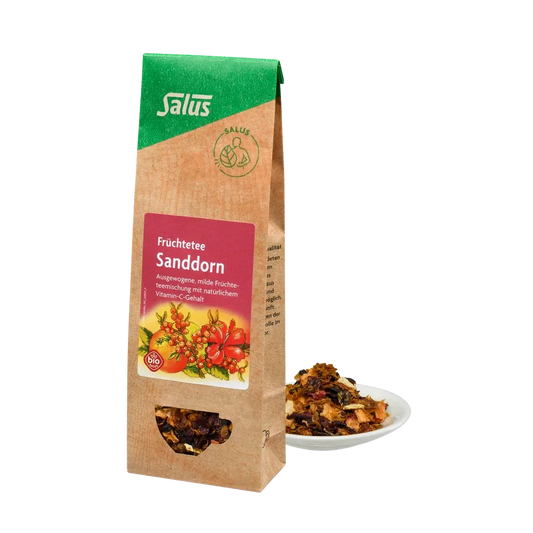 Salus Sanddorn Früchtetee bio lose 100g – Produktverpackung und lose Früchtetee-Mischung auf Teller zusammen abgebildet