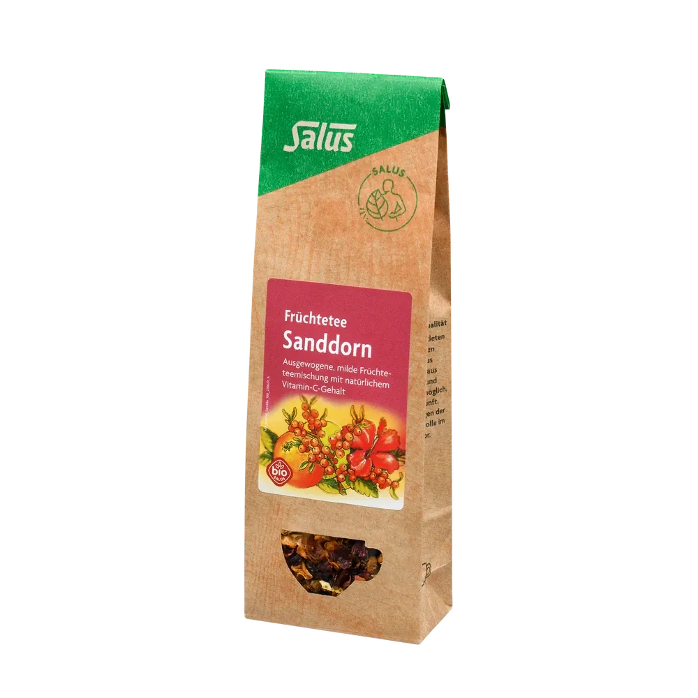 Salus Sanddorn Früchtetee bio lose 100g – Bio-Früchtetee in Papierverpackung mit Sichtfenster und Sanddorn-Illustration