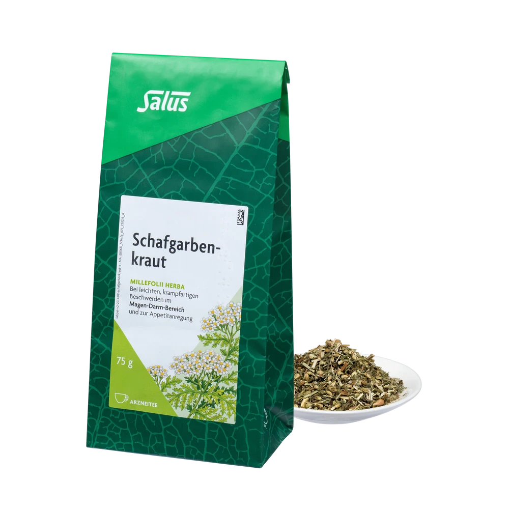 Salus Schafgarbenkraut Tee Bio 75 g in grüner Verpackung mit losem Kraut